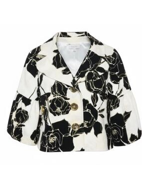 Cache Vintage Floral Cropped Jacket Balloon Sleeve Brown Cream Large EUC